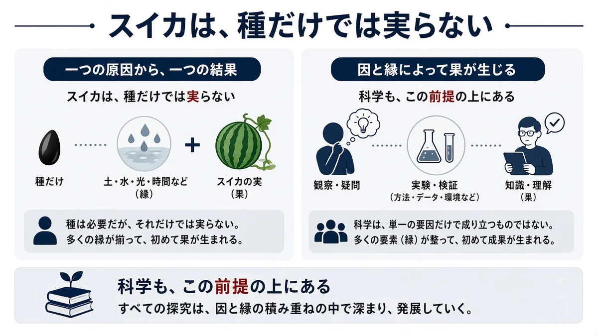 スイカは、種だけでは実らないと科学も、この前提の上にあるの関係を示す図