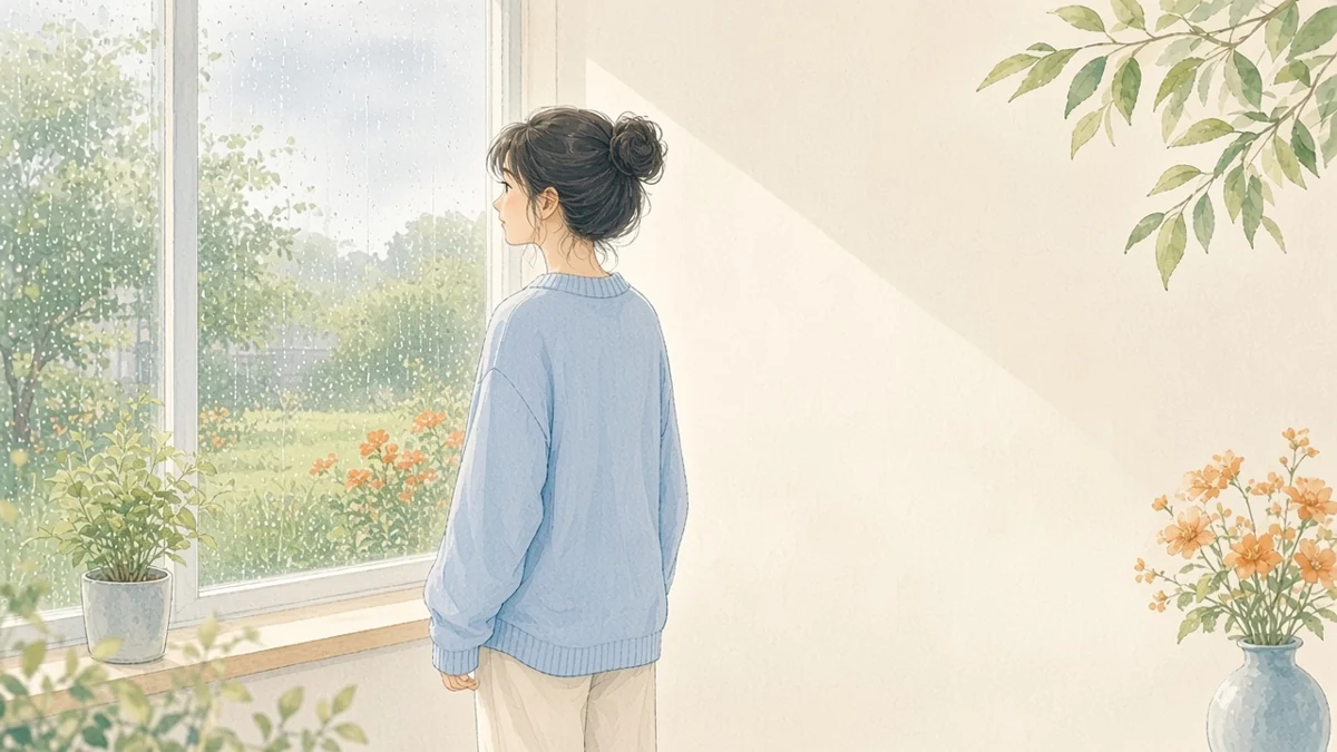 雨の窓の外を見ている人