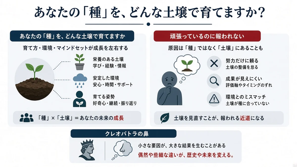 あなたの「種」を、どんな土壌で育てますか？とあなたの「種」を、どんな土壌で育てますか？の関係を示す図