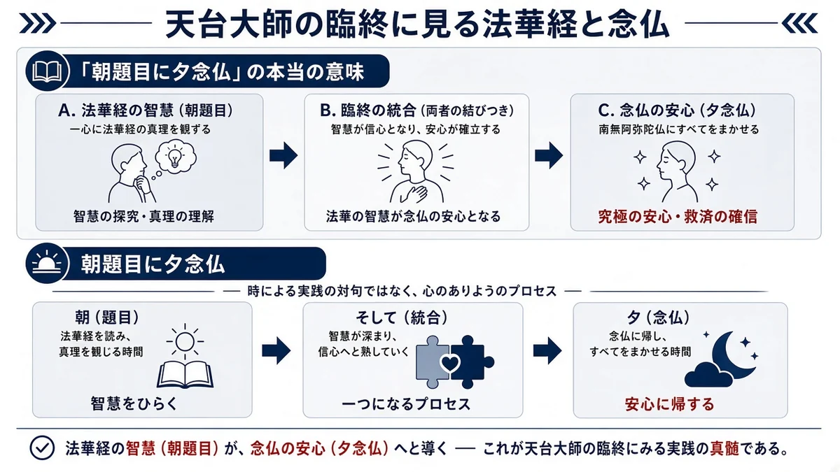 天台大師の臨終に見る法華経と念仏と「朝題目に夕念仏」の本当の意味の関係を示す図