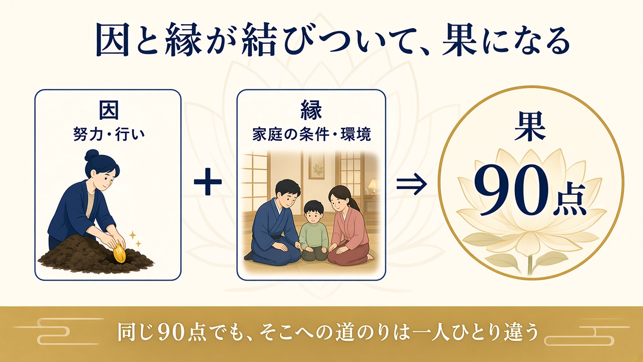 因と縁が結びついて果になる。社会が見るのは、表に出た結果だけ