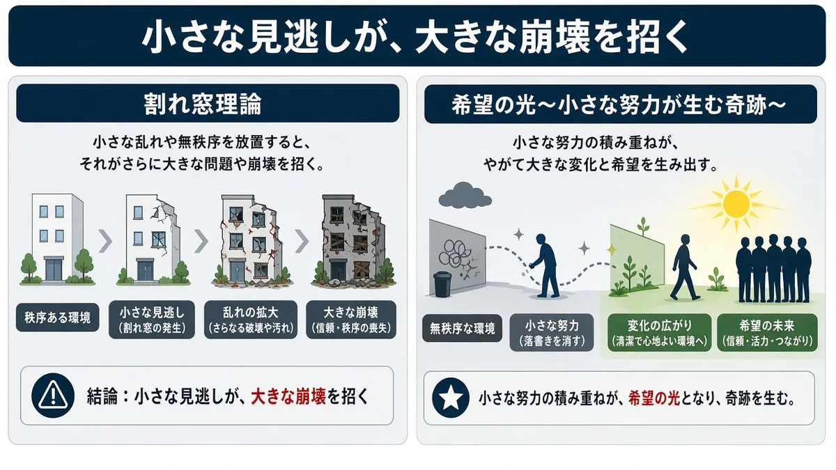 小さな見逃しが、大きな崩壊を招くと希望の光〜小さな努力が生む奇跡〜の関係を示す図