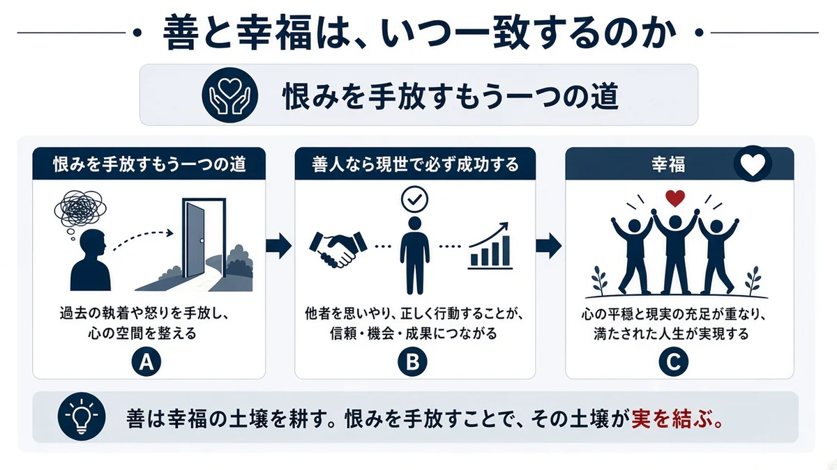善と幸福は、いつ一致するのかと恨みを手放すもう一つの道の関係を示す図