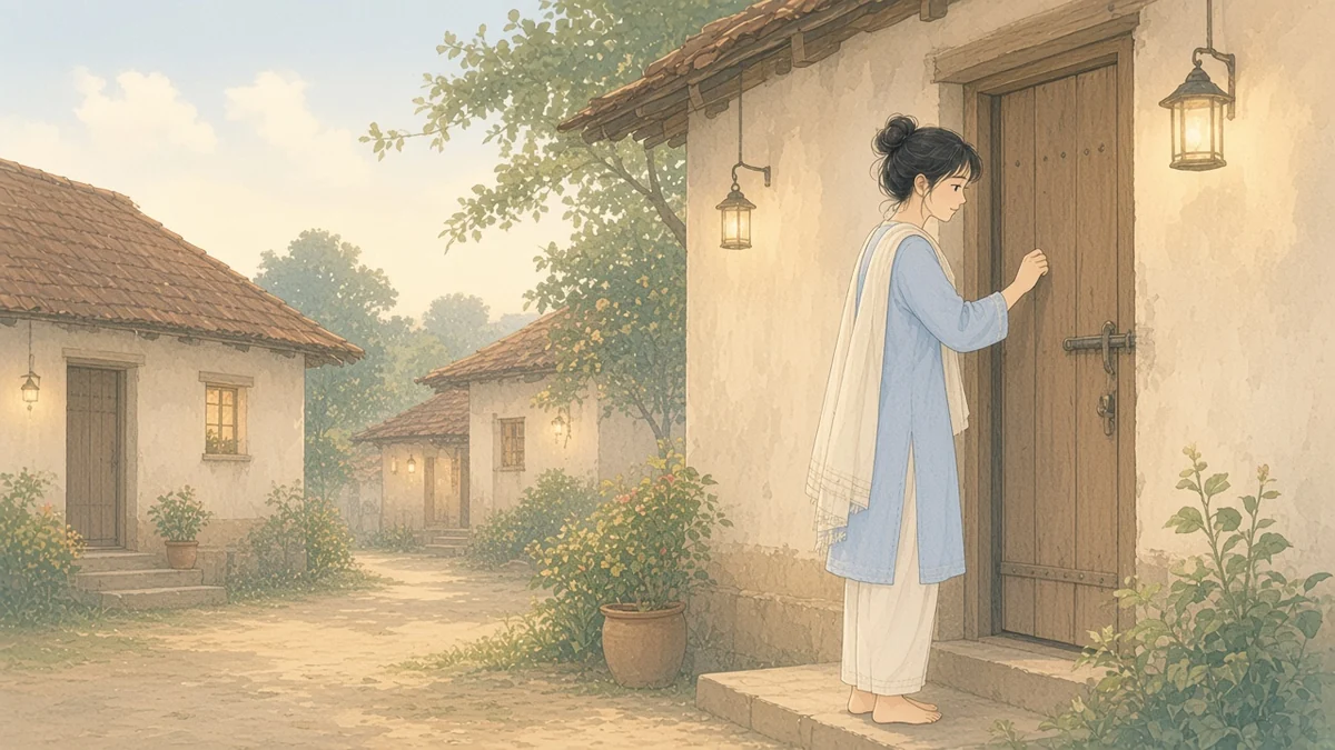 夕暮れの町並みで、家の扉をたたく女性