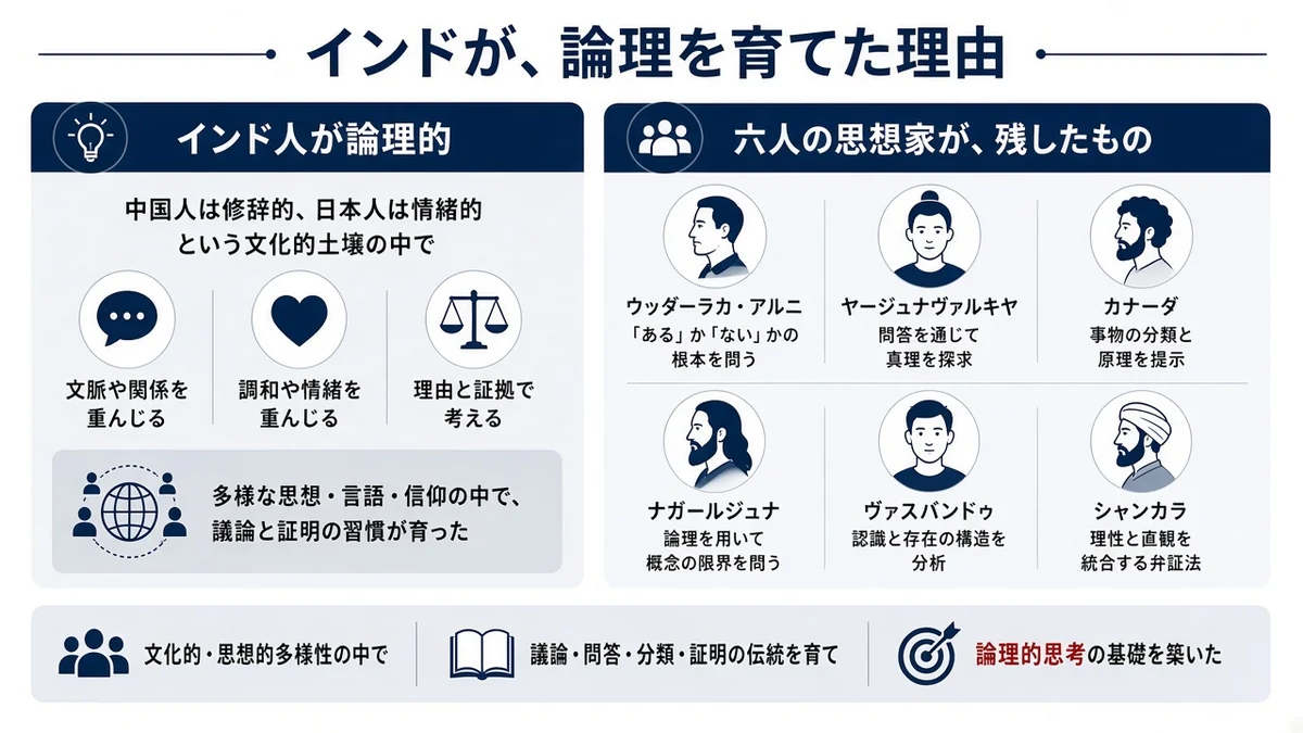 インドが、論理を育てた理由と六人の思想家が、残したものの関係を示す図