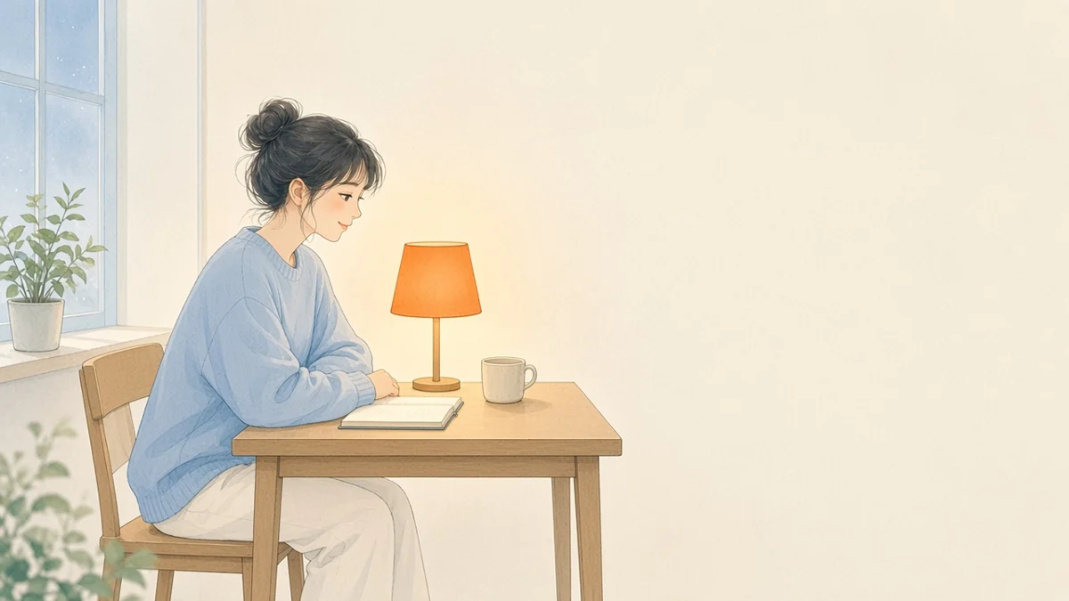 夜の灯りの下で、ノートの前に手を置く人