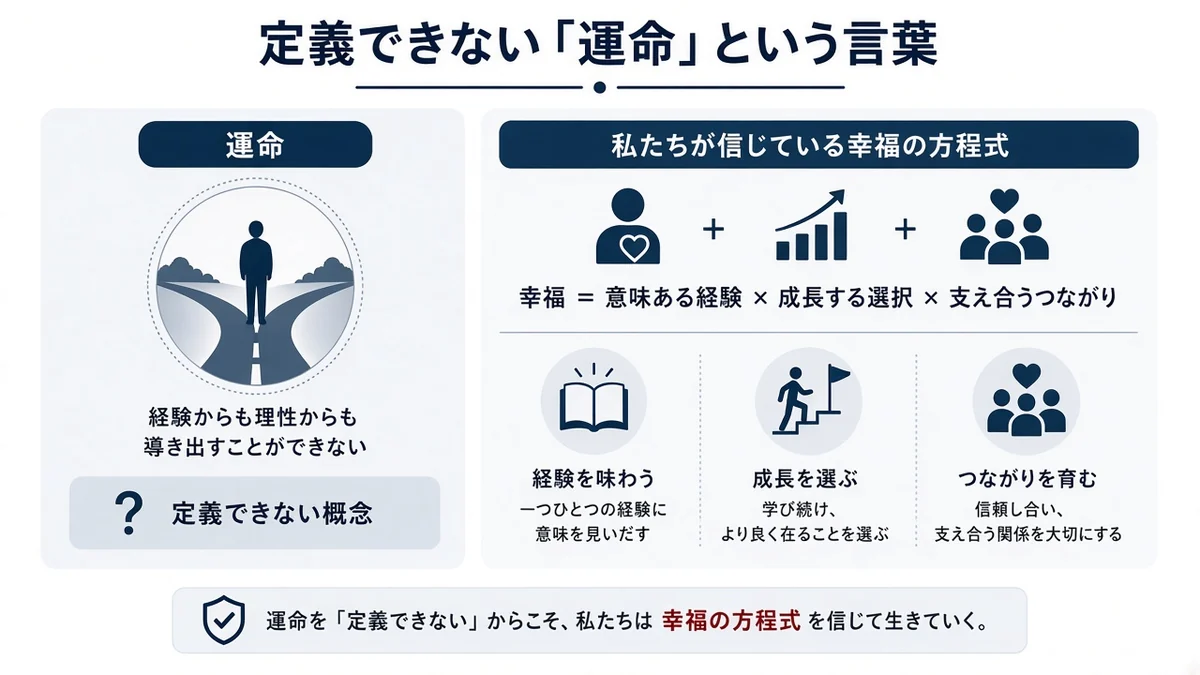 定義できない「運命」という言葉と私たちが信じている幸福の方程式の関係を示す図