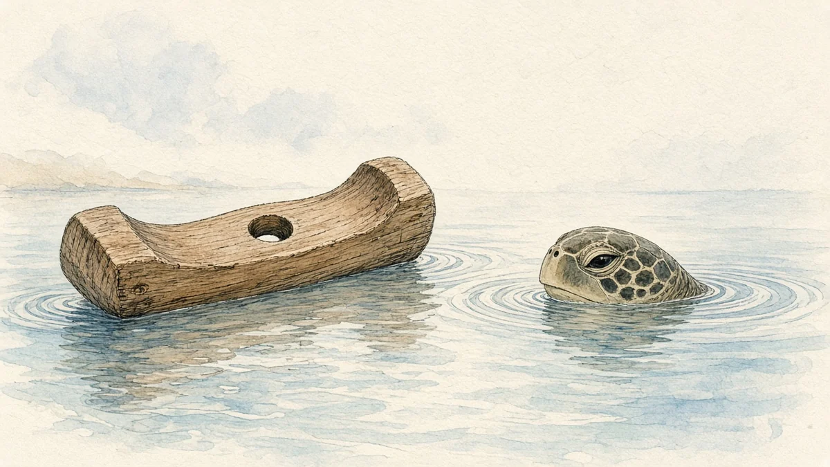水面に浮かぶ、穴のあいた木の枠と、顔を出す亀