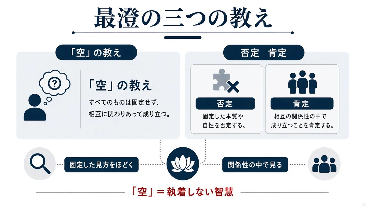 最澄の三つの教えと「空」の教えの関係を示す図