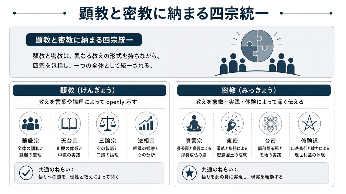 顕教と密教に納まる四宗統一の要点をまとめた図