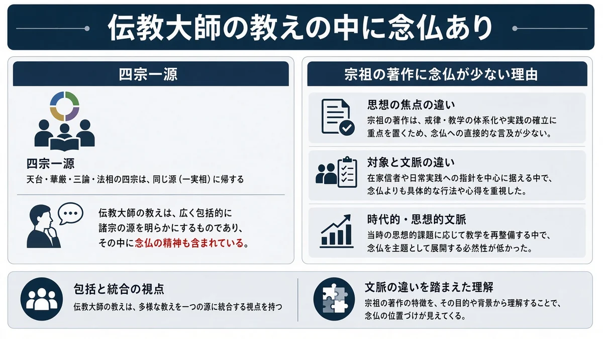 伝教大師の教えの中に念仏ありと宗祖の著作に念仏が少ない理由の関係を示す図