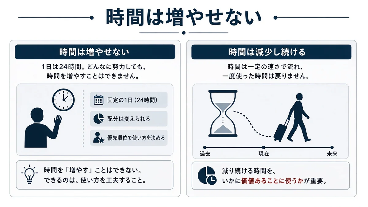 時間は増やせないと時間は減少し続けるの関係を示す図