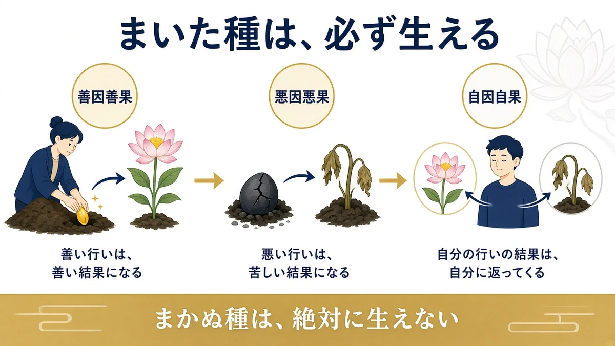 善因善果、悪因悪果、自因自果。まいた種は必ず生え、まかぬ種は生えない