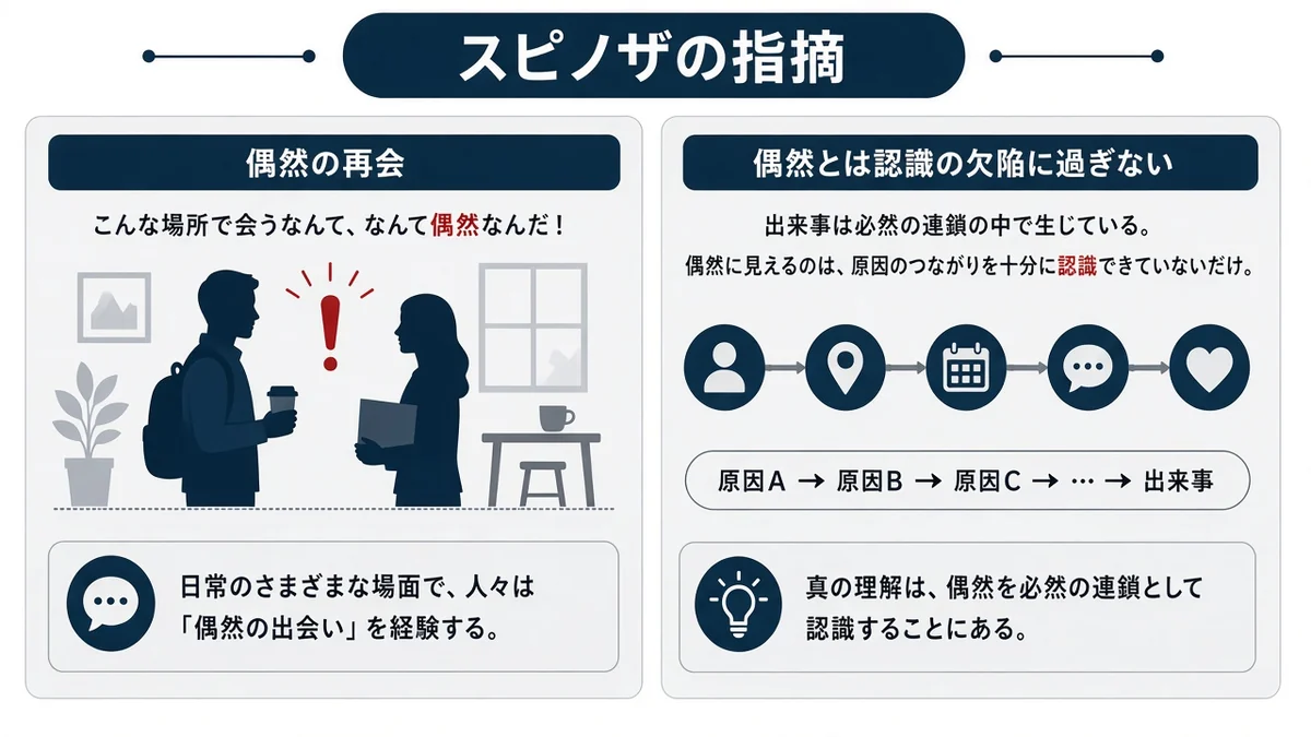 スピノザの指摘と偶然の再会の関係を示す図